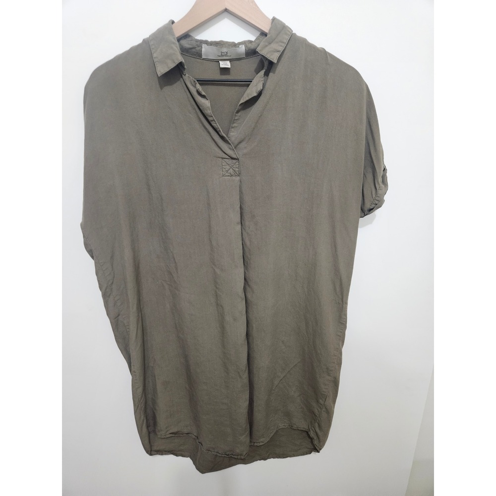 Thread & Supply Olive Green Lyocell Tunic Shirt Split V-Neck Short Sleeve Small